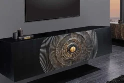 Hängendes Sideboard GOLDEN SUNSET 180cm schwarz mit 3D Schnitzereien gold massiv Mangoholz handmade