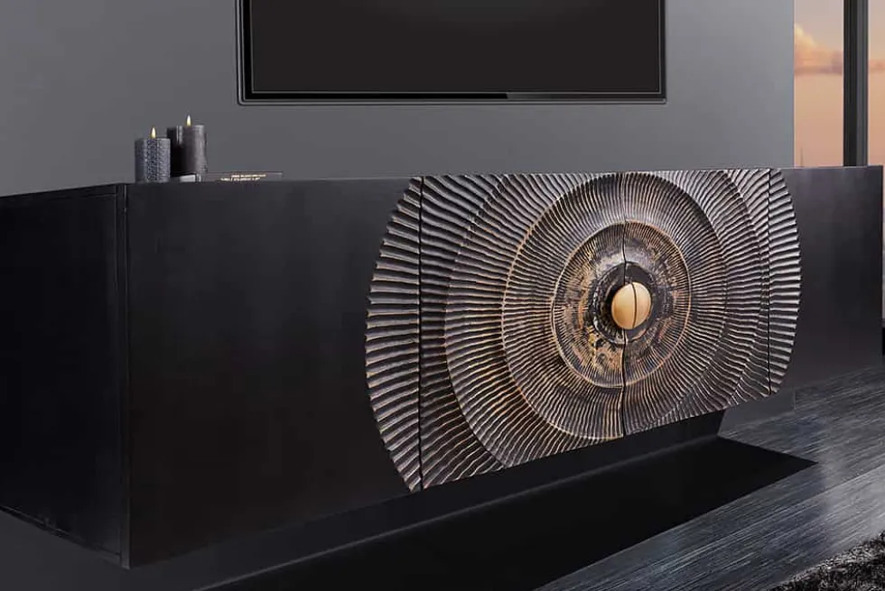Hängendes Sideboard GOLDEN SUNSET 180cm schwarz mit 3D Schnitzereien gold massiv Mangoholz handmade