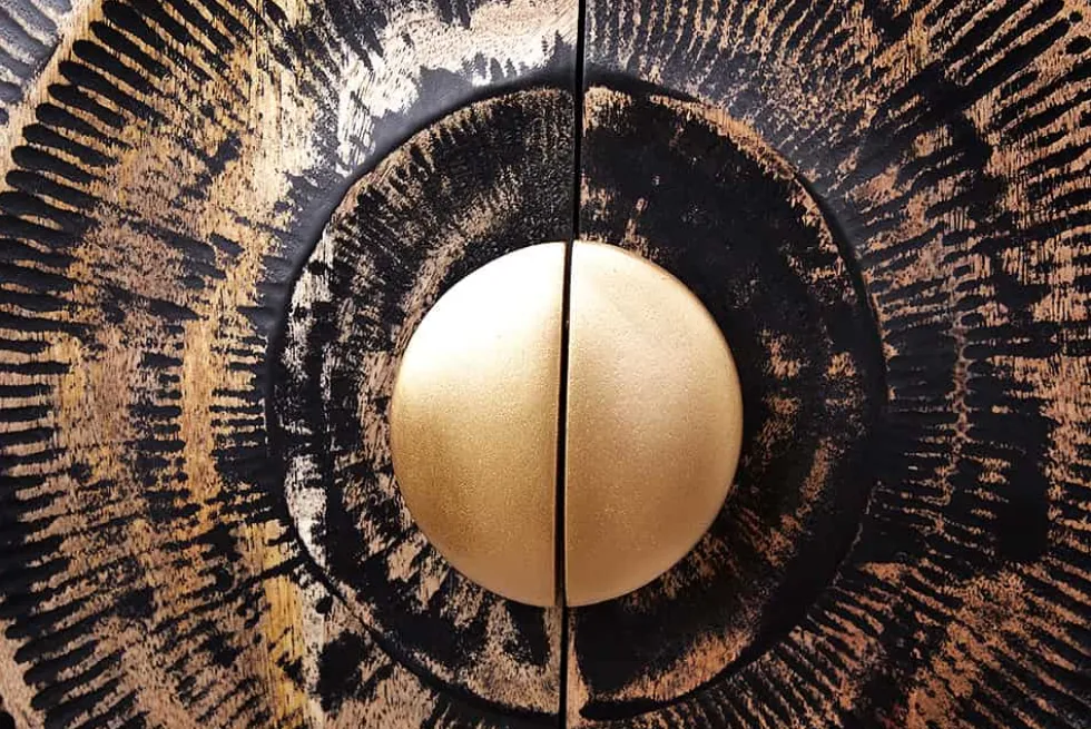 Hängendes Sideboard GOLDEN SUNSET 180cm schwarz mit 3D Schnitzereien gold massiv Mangoholz handmade