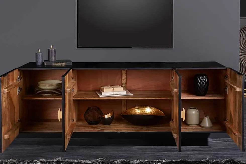 Hängendes Sideboard GOLDEN SUNSET 180cm schwarz mit 3D Schnitzereien gold massiv Mangoholz handmade