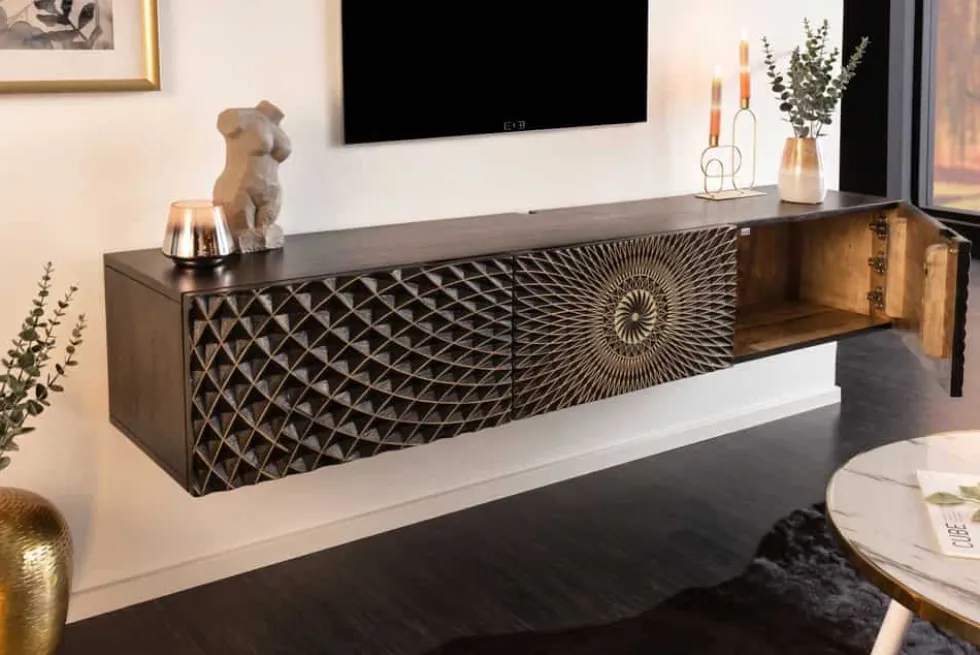 Hängendes TV-Board ILLUSION 160cm schwarz Mangoholz Massivholz mit 3D Schnitzereien gold
