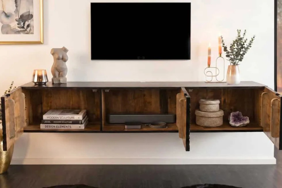 Hängendes TV-Board ILLUSION 160cm schwarz Mangoholz Massivholz mit 3D Schnitzereien gold
