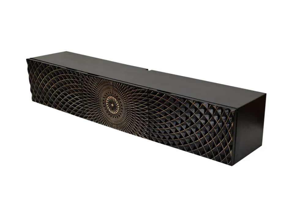 Hängendes TV-Board ILLUSION 160cm schwarz Mangoholz Massivholz mit 3D Schnitzereien gold
