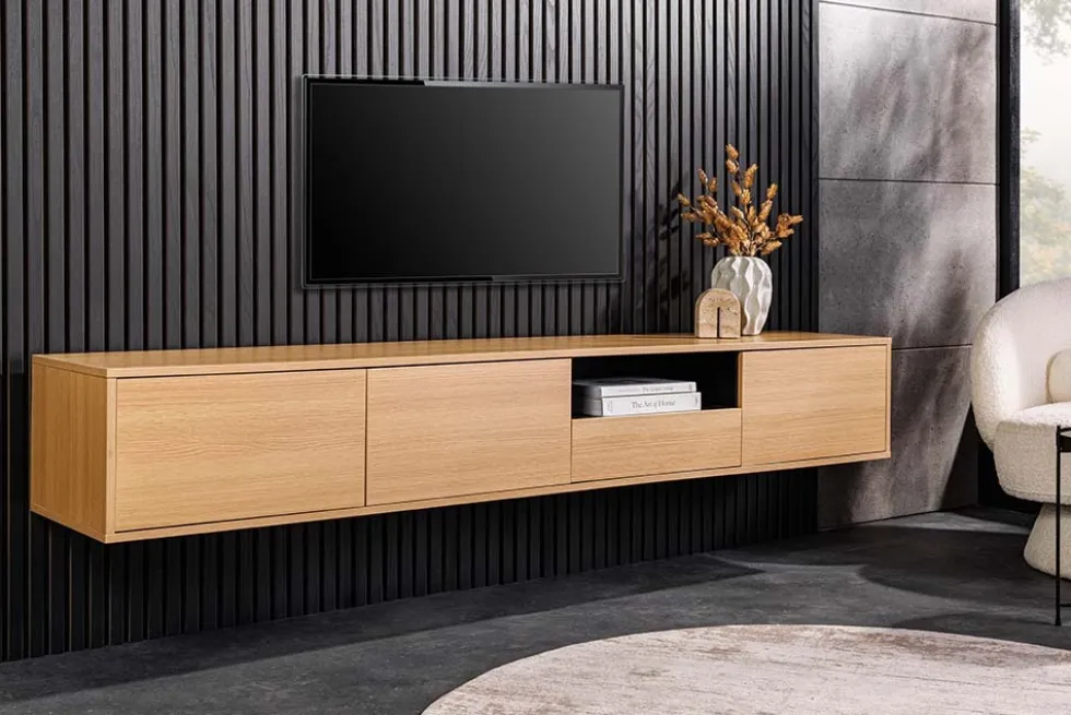 Hängendes TV-Board LOFT 200cm natur schwarz sieben Fächer mit Schublade