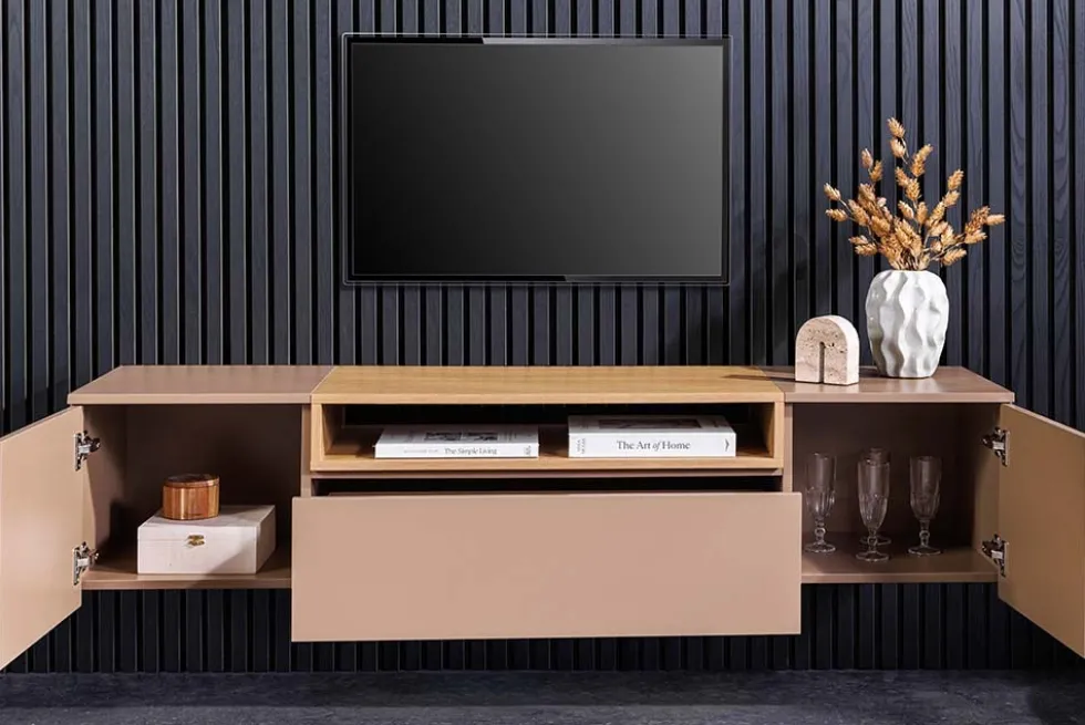 Hängendes TV-Board LOFT 160cm natur grau beige greige drei Fächer mit Schublade