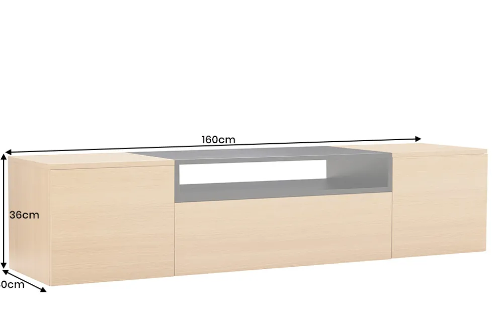Hängendes TV-Board LOFT 160cm natur schwarz drei Fächer mit Schublade