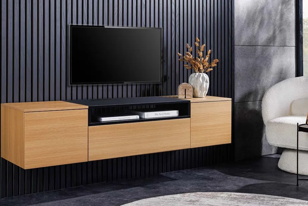 Hängendes TV-Board LOFT 160cm natur schwarz drei Fächer mit Schublade