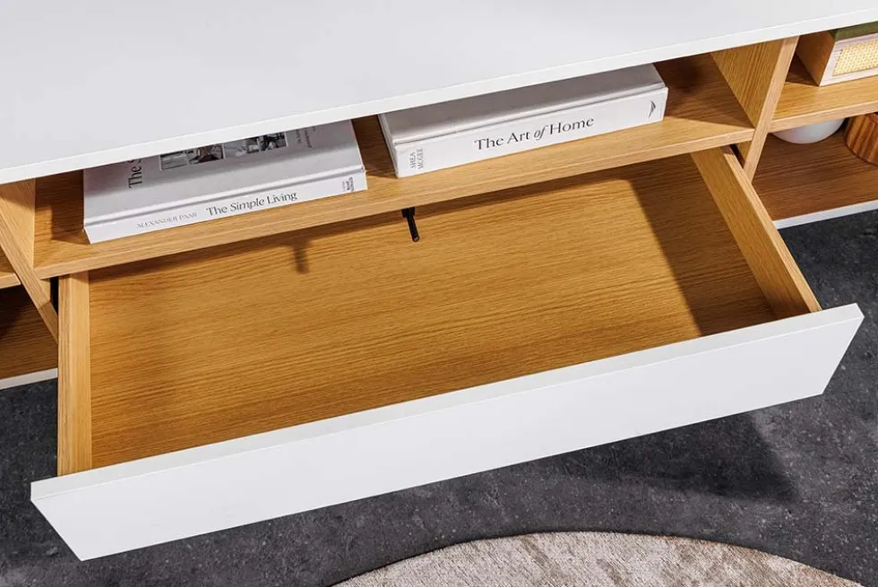 Hängendes TV-Board LOFT 150cm weiß natur fünf Fächer mit Schublade