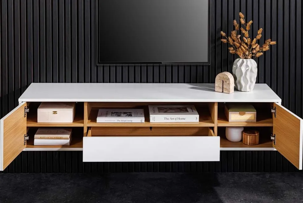 Hängendes TV-Board LOFT 150cm weiß natur fünf Fächer mit Schublade
