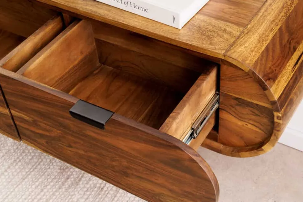 Hängendes TV-Board ORGANIC 160cm braun stone finish Sheeshamholz massiv mit Schubladen