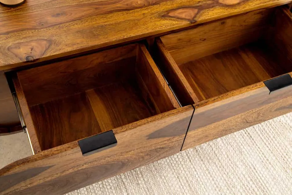 Hängendes TV-Board ORGANIC 160cm braun stone finish Sheeshamholz massiv mit Schubladen
