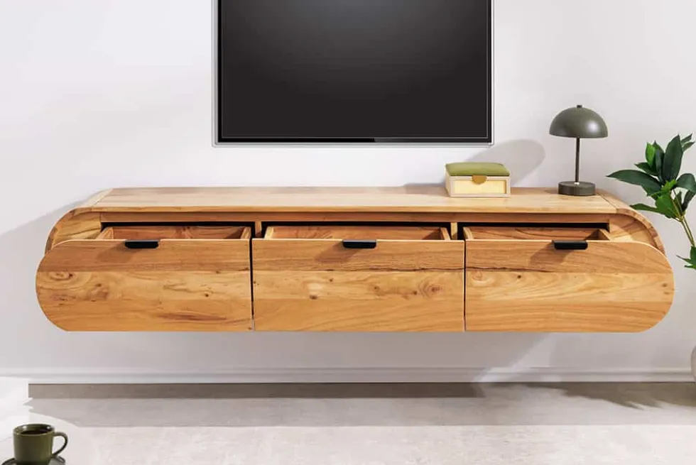 Hängendes TV-Board ORGANIC 160cm natur Akazienholz massiv handmade mit Schubladen