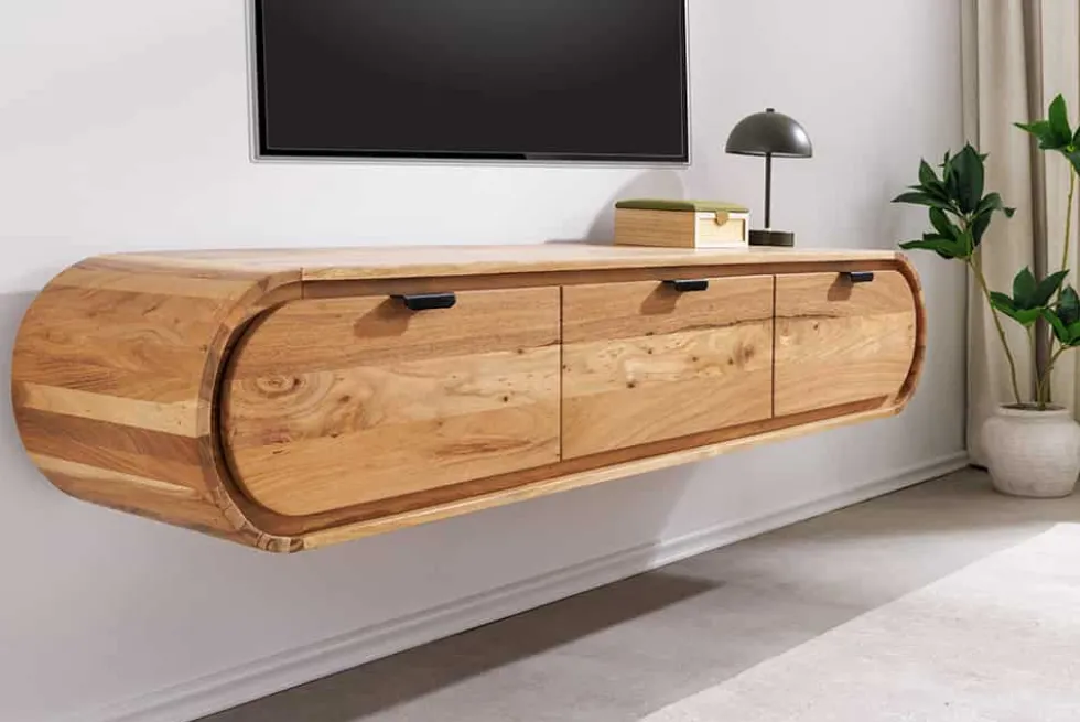 Hängendes TV-Board ORGANIC 160cm natur Akazienholz massiv handmade mit Schubladen