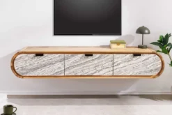 Hängendes TV-Board ORGANIC 160cm natur Akazie schwarz weiß Steinfurnier Schubladen