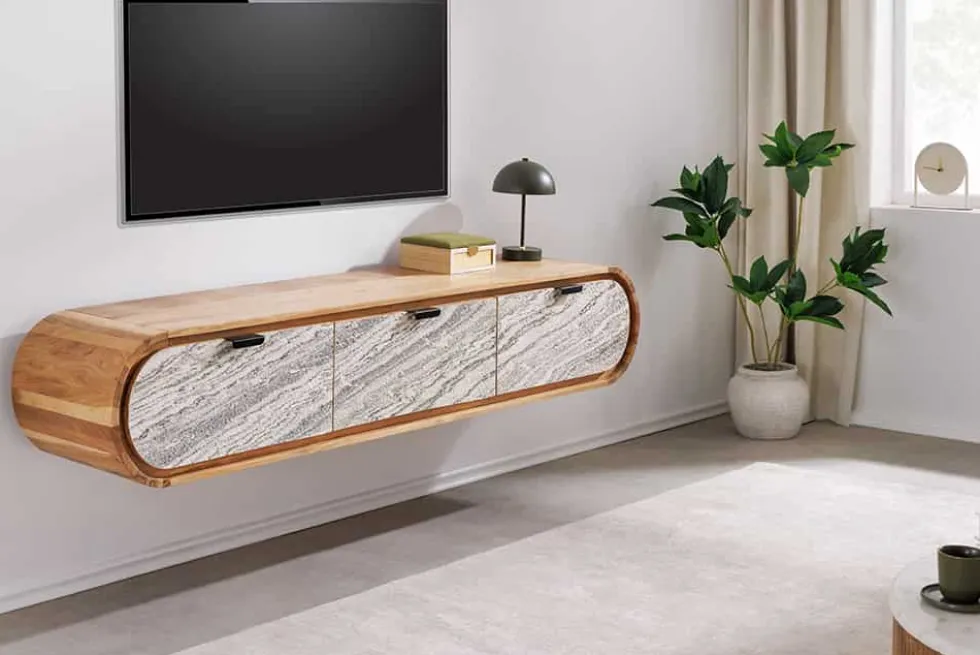 Hängendes TV-Board ORGANIC 160cm natur Akazie schwarz weiß Steinfurnier Schubladen