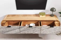 Hängendes TV-Board ORGANIC 160cm natur Akazie schwarz weiß Steinfurnier Schubladen
