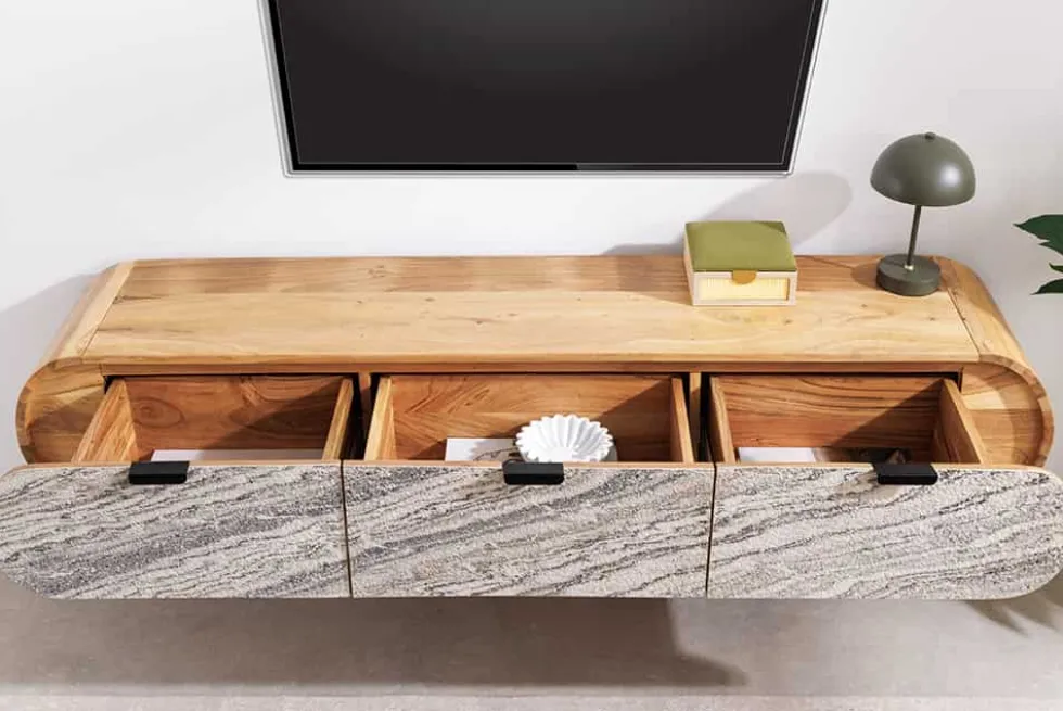 Hängendes TV-Board ORGANIC 160cm natur Akazie schwarz weiß Steinfurnier Schubladen
