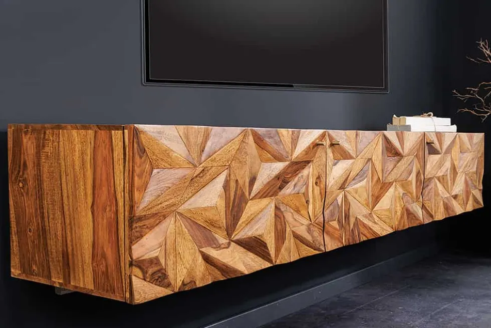 Hängendes TV-Lowboard ALPINE 160cm braun Sheesham Massivholz stone finish Metall gold