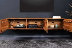 Hängendes TV-Lowboard ALPINE 160cm braun Sheesham Massivholz stone finish Metall gold