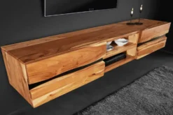 Hängendes TV-Lowboard AMAZONAS 160cm natur Akazie Massivholz Baumkante Metall schwarz