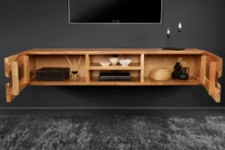 Hängendes TV-Lowboard AMAZONAS 160cm natur Akazie Massivholz Baumkante Metall schwarz
