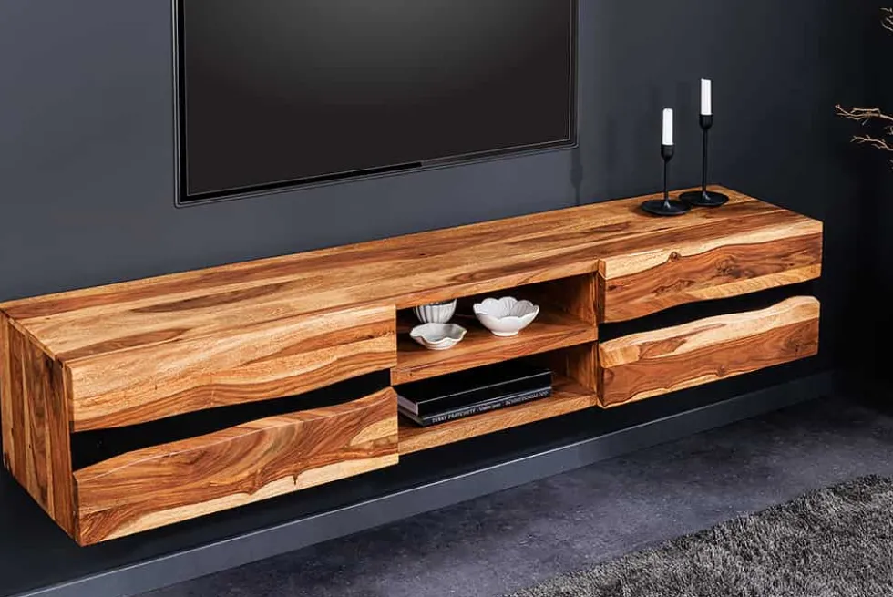 Hängendes TV-Lowboard AMAZONAS 160cm braun Sheesham Massivholz Baumkante Metall schwarz