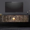 Hängendes TV-Lowboard GOLDEN SUNSET 160cm Mangoholz schwarz mit 3D Schnitzereien gold handmade