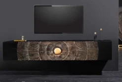 Hängendes TV-Lowboard GOLDEN SUNSET 160cm Mangoholz schwarz mit 3D Schnitzereien gold handmade