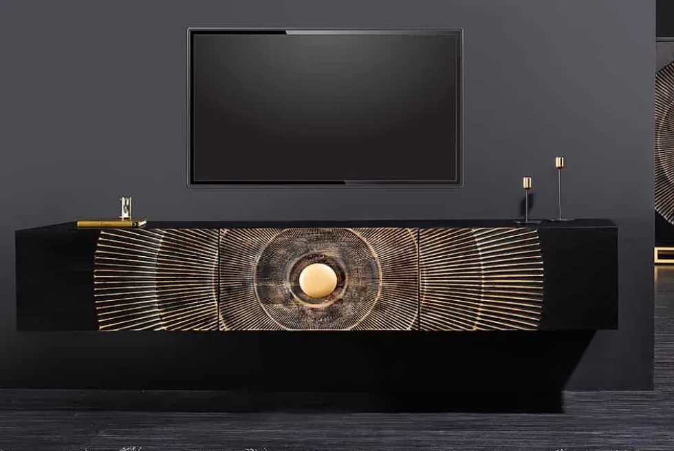 Hängendes TV-Lowboard GOLDEN SUNSET 160cm Mangoholz schwarz mit 3D Schnitzereien gold handmade