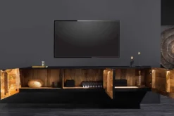 Hängendes TV-Lowboard GOLDEN SUNSET 160cm Mangoholz schwarz mit 3D Schnitzereien gold handmade