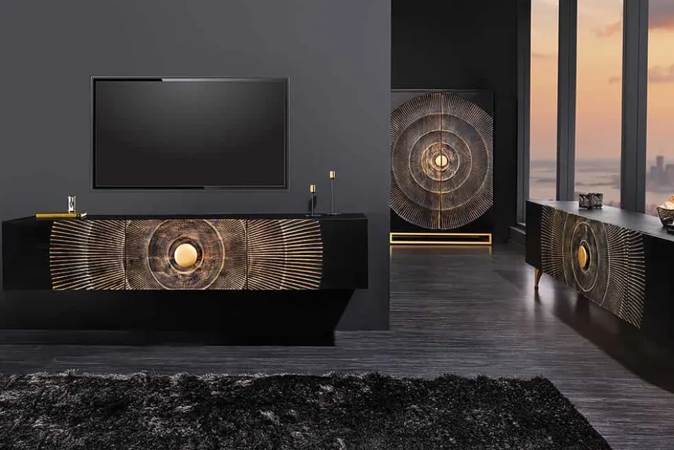 Hängendes TV-Lowboard GOLDEN SUNSET 160cm Mangoholz schwarz mit 3D Schnitzereien gold handmade