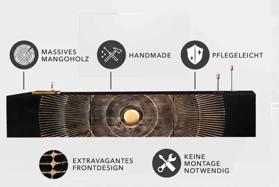 Hängendes TV-Lowboard GOLDEN SUNSET 160cm Mangoholz schwarz mit 3D Schnitzereien gold handmade