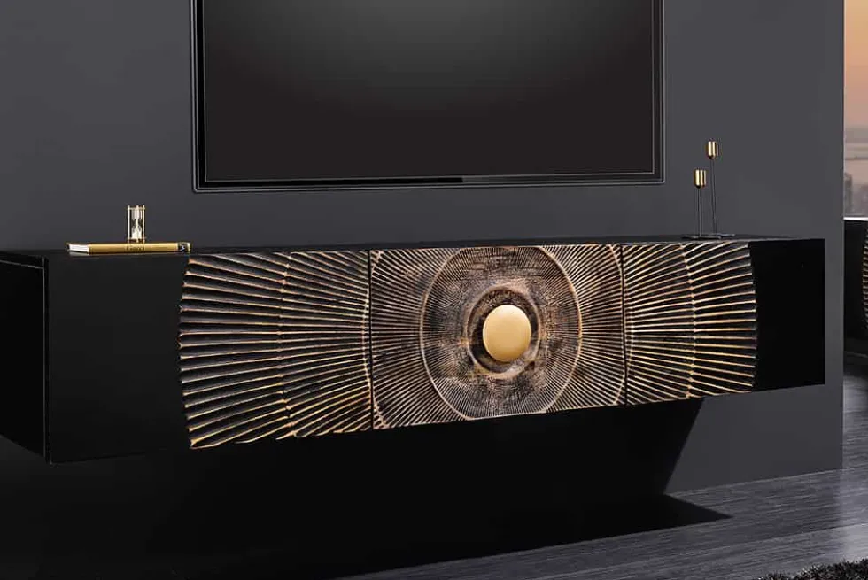 Hängendes TV-Lowboard GOLDEN SUNSET 160cm Mangoholz schwarz mit 3D Schnitzereien gold handmade