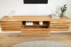 Hängendes TV-Lowboard RELIEF 200cm natur Akazienholz massiv mit aufwändiger Front