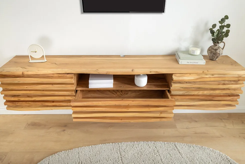 Hängendes TV-Lowboard RELIEF 200cm natur Akazienholz massiv mit aufwändiger Front