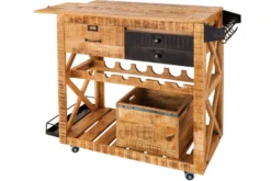 Industrial Barschrank BODEGA 86cm Mangoholz Servierwagen mit Weinregal und Aufhängung