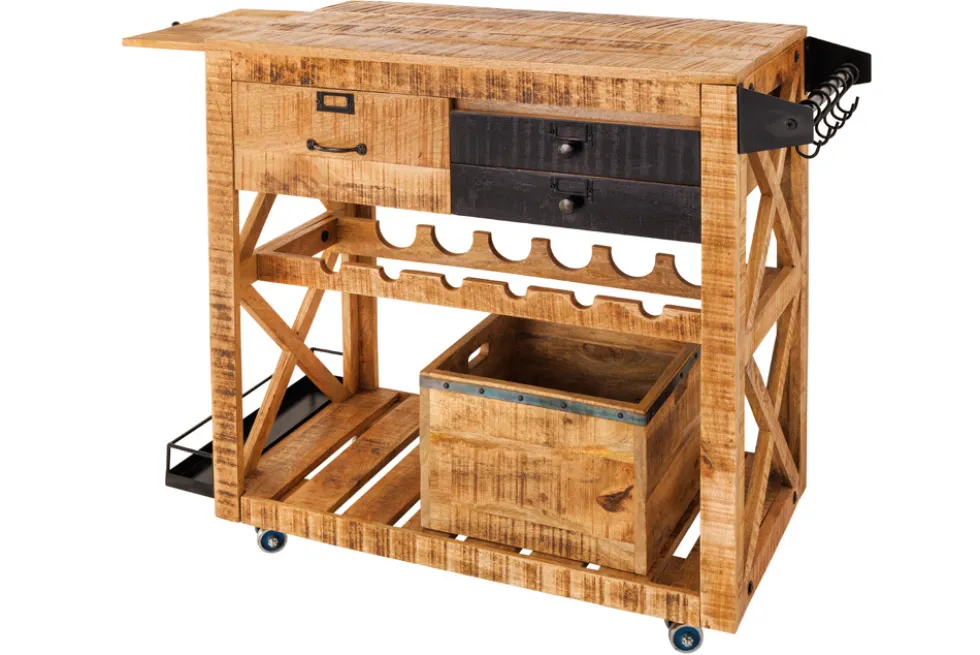 Industrial Barschrank BODEGA 86cm Mangoholz Servierwagen mit Weinregal und Aufhängung
