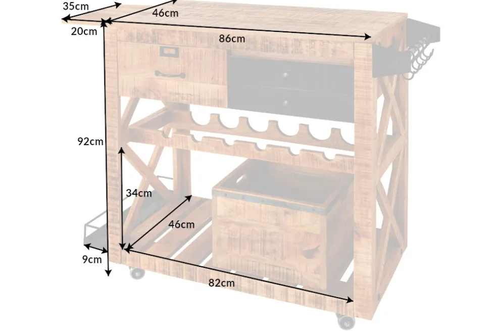 Industrial Barschrank BODEGA 86cm Mangoholz Servierwagen mit Weinregal und Aufhängung