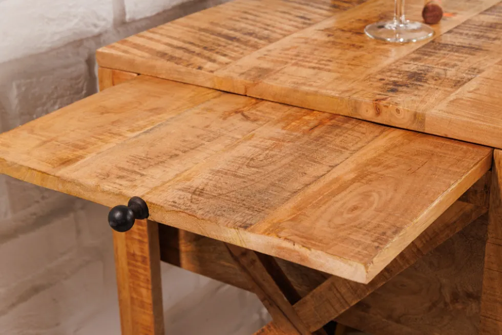 Industrial Barschrank BODEGA 86cm Mangoholz Servierwagen mit Weinregal und Aufhängung