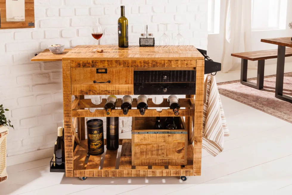 Industrial Barschrank BODEGA 86cm Mangoholz Servierwagen mit Weinregal und Aufhängung