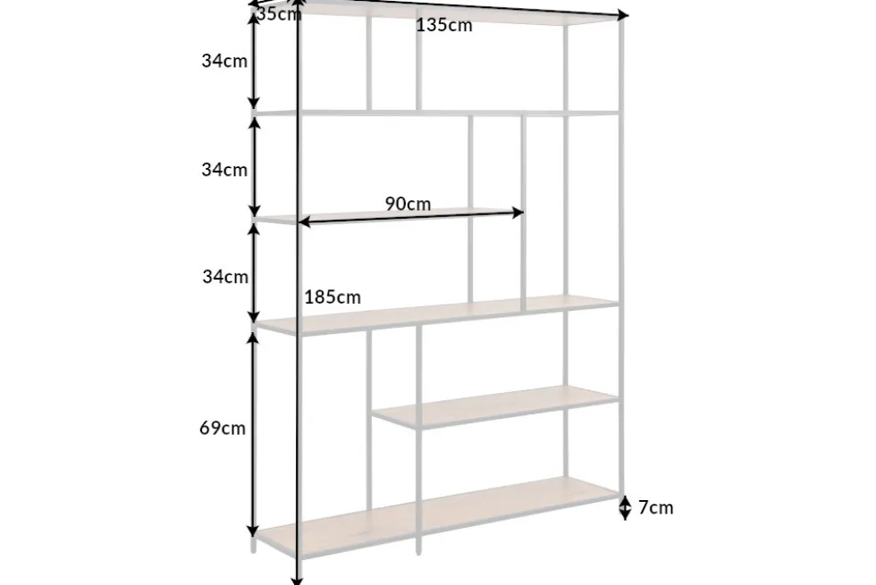 Industrial Bücherregal SLIM LINE 185x135cm Wildeiche schwarz sechs Regalböden