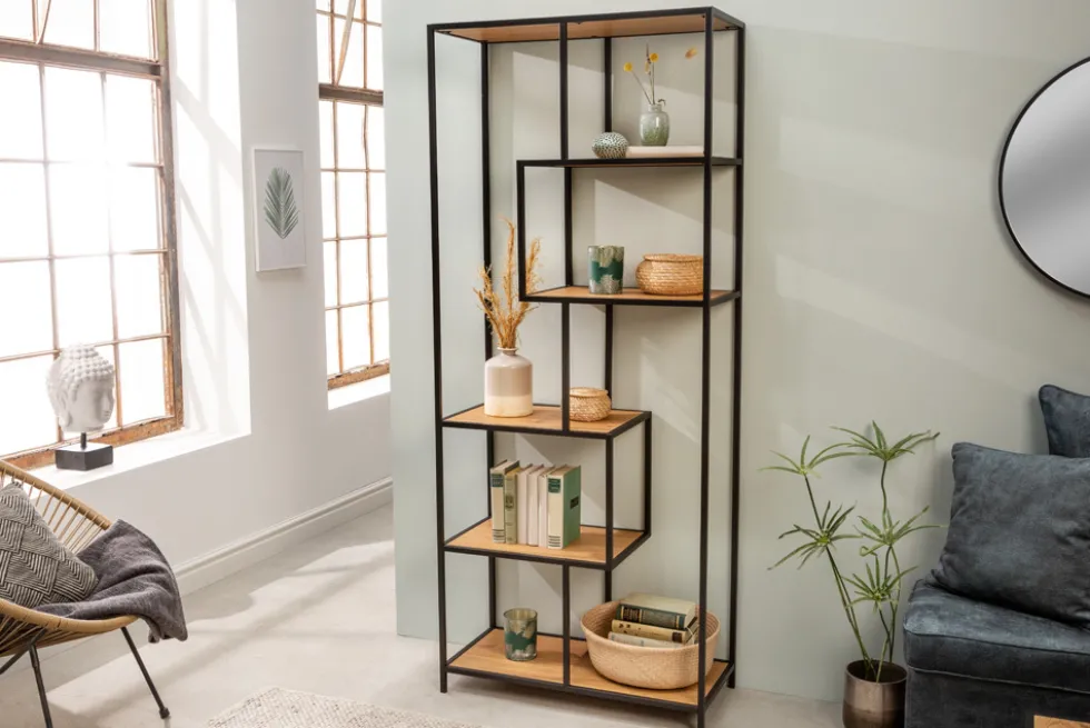 Industrial Bücherregal SLIM LINE 185cm Wildeiche schwarz sechs Regalböden