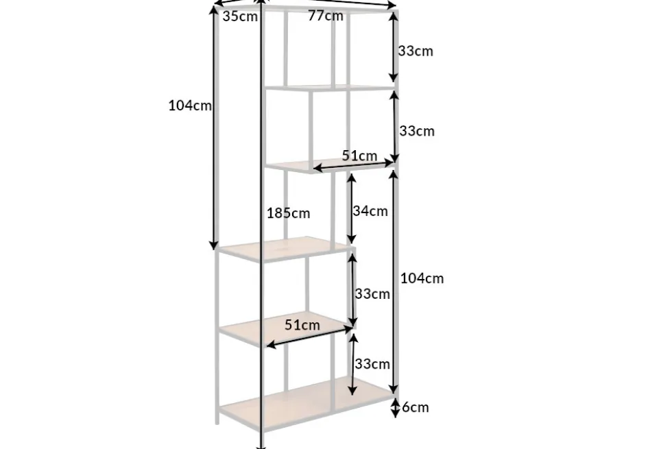 Industrial Bücherregal SLIM LINE 185cm Wildeiche schwarz sechs Regalböden