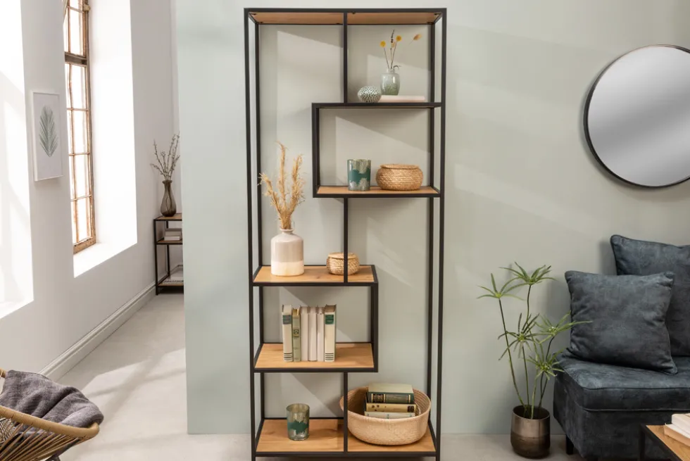 Industrial Bücherregal SLIM LINE 185cm Wildeiche schwarz sechs Regalböden