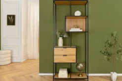 Industrial Bücherregal SLIM LINE 185cm Wildeiche schwarz Metall mit Schubladen