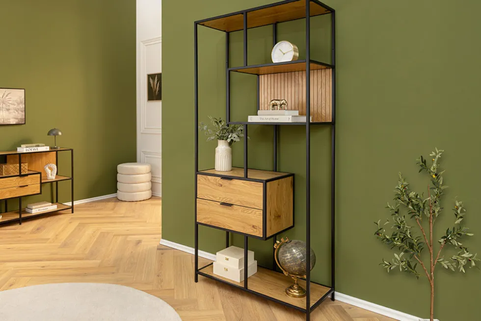 Industrial Bücherregal SLIM LINE 185cm Wildeiche schwarz Metall mit Schubladen