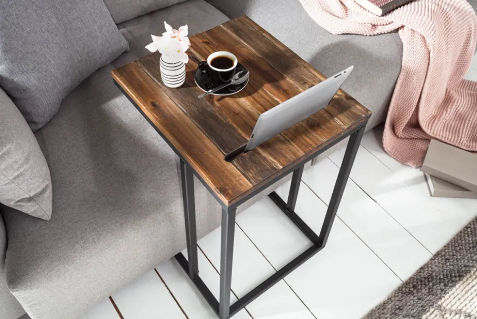 Industrial Beistelltisch SCANDINAVIA 60cm Akazie Massivholz Laptoptisch mit Tablet-Halterung