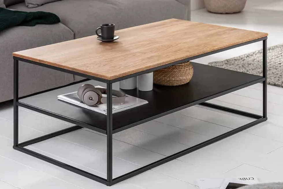 Industrial Couchtisch APARTMENT 95cm Massivholz Eiche geölt mit Ablage Metallgestell schwarz