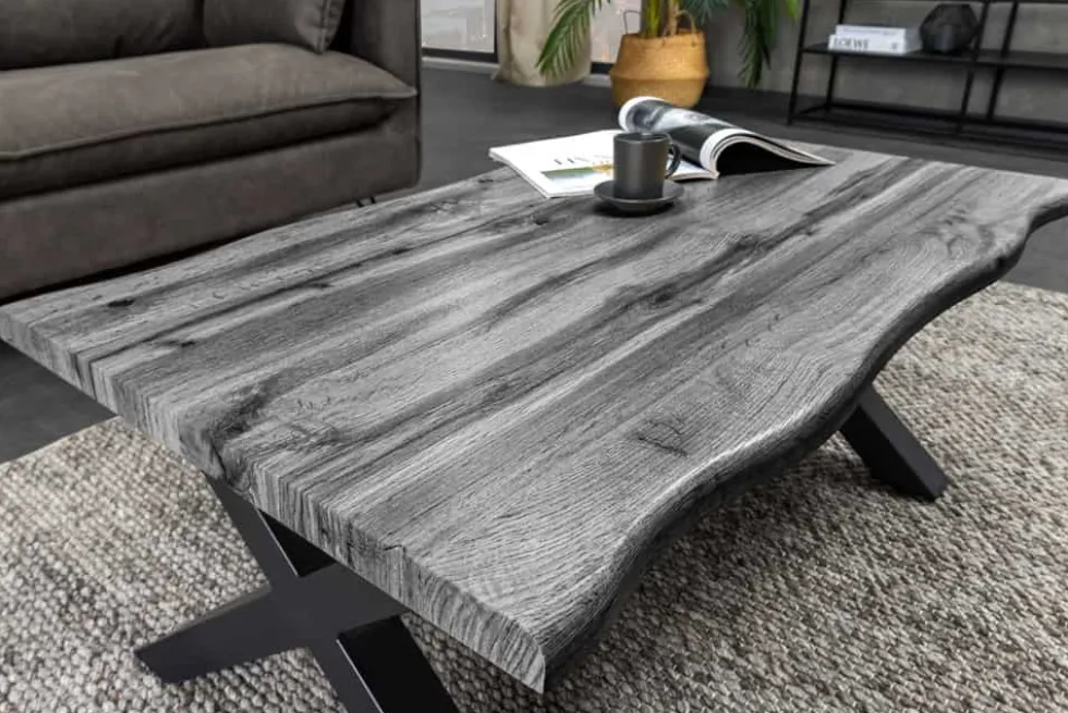 Industrial Couchtisch WILD 90cm grau Wildeichen-Design schwarz Metall Baumkante