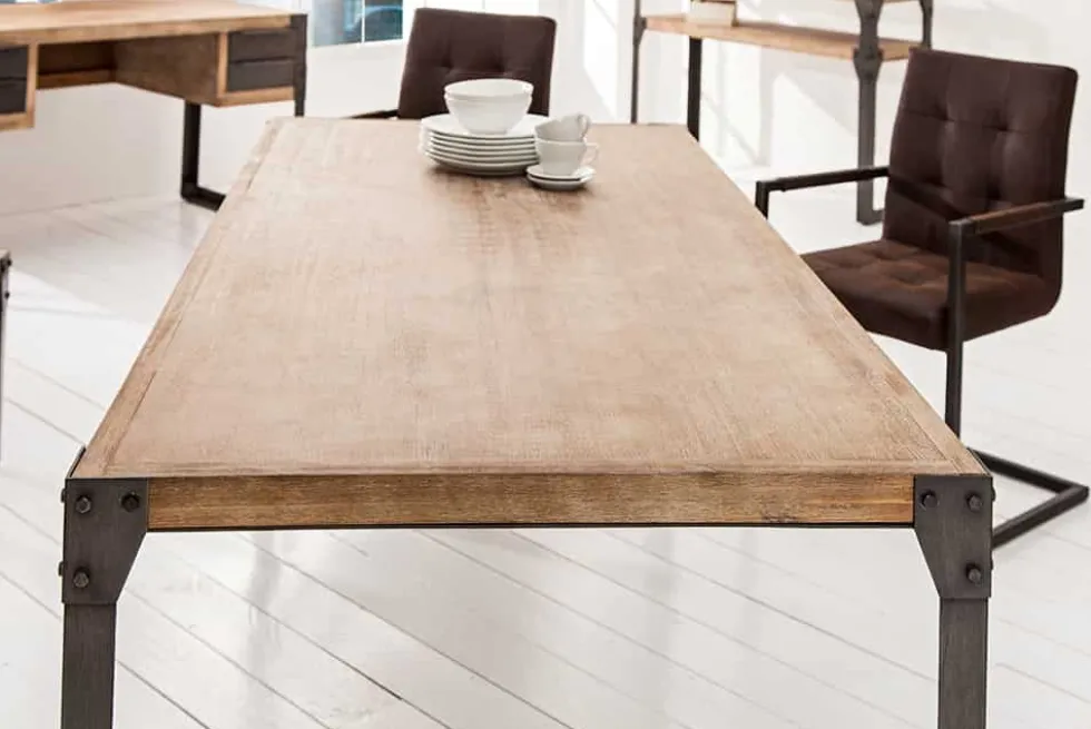 Industrial Design Esstisch FACTORY 160cm Akazie teak-grau weiß gekälkt Metallbeine Kufe